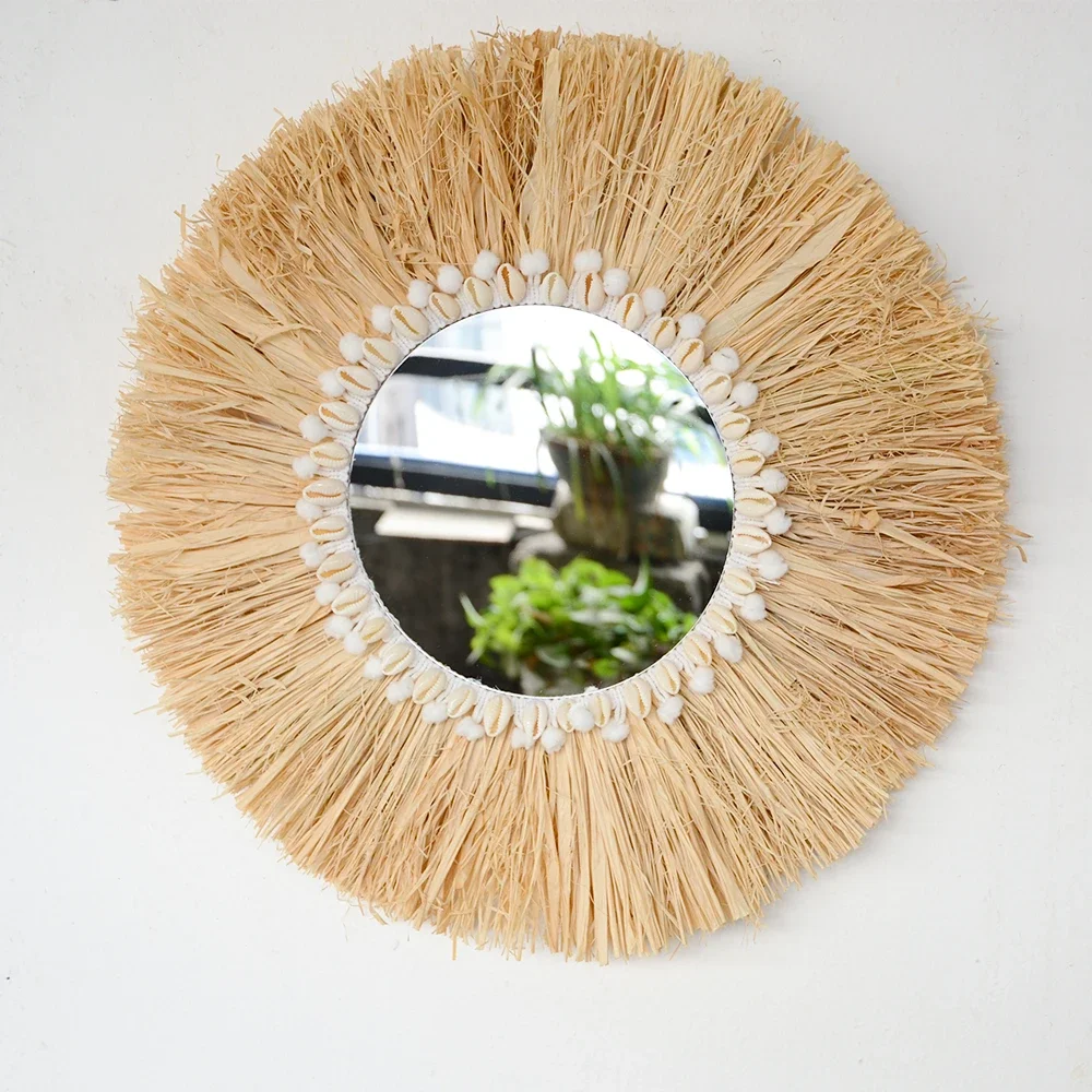 Rattan Mirror Round - boho Home Furnishing Forest Raffia Decorative